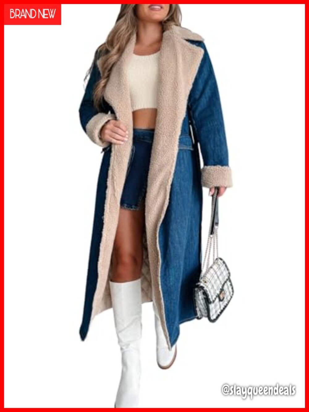 Sherpa Fleece Lined Long Denim Trench Coat Belted Warm Winter Jacket